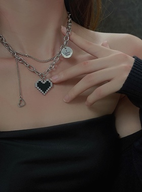 钛钢双层黑色小众设计感锁骨链