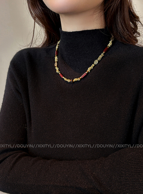 新款虎眼石项链拼接串珠毛衣链