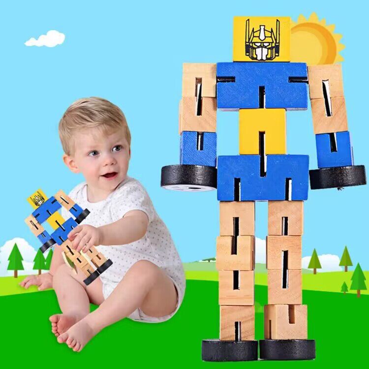 幼儿园3-6岁儿童生日礼物百变积木机器人 小朋友益智玩具摆件木制