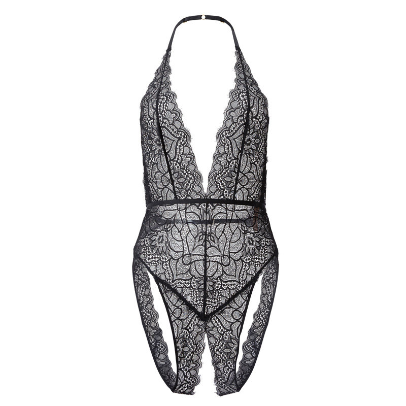 法式挂脖蕾丝拼接深v打底衣连体衣 倩莉夫人文胸套装