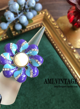 ins复古彩釉夸张大花朵蝴蝶戒指