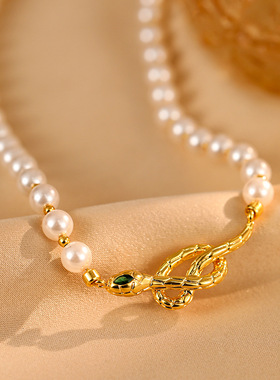 时尚缠绕蛇形珍珠项链女百搭高级设计感轻奢风施家极光珍珠颈