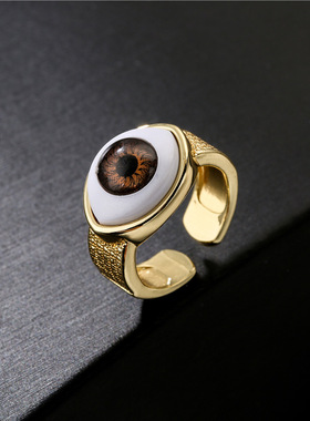 澳古 跨境货源 欧美热卖铜镀18K金立体恶魔之眼戒指开口可调节女