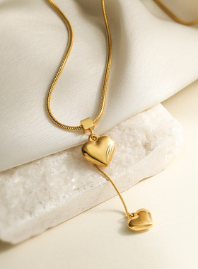 复古简约个性镀真金不锈钢爱心吊坠项链女ins网红锁骨