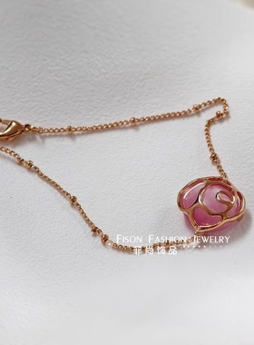 日韩甜美少女粉红色猫眼石茶花手链女士精致优雅镂空玫瑰花手饰品