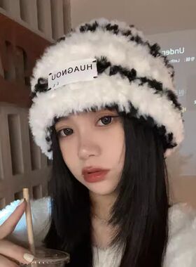 秋冬季帽子女韩版条纹显脸小毛绒绒保暖毛线帽大头围护耳堆堆帽潮