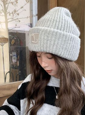 加厚毛线帽子女秋冬韩版保暖堆堆冷帽大脸显脸小针织护耳帽干发帽