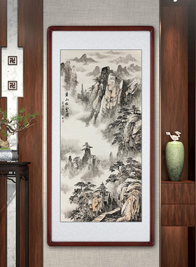 黄山松云图手绘真迹山水画彩墨画现代古典风玄关客厅背景墙装饰画