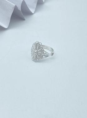 少数民族时尚简约款花卉女戒99足银复古民族风花丝镂空活口指环