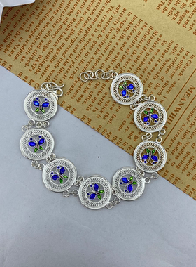 【银笙歌】99足银民族风手工拉丝铜鼓蝶银手链 珐琅彩制作送女友