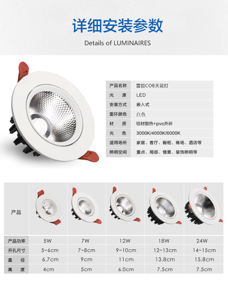 led射灯cob天花灯5W7W12W18W24W嵌入式筒灯服装店背景墙射灯开孔-图2