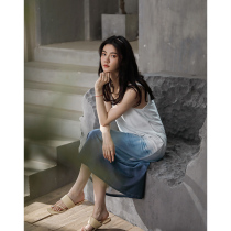 Homey Sleeping Skirt Woman Summer Pure Cotton Harnesses Gradient rendering Long dress Home Clothing Thin style Cute Sweet Loose Sleepwear