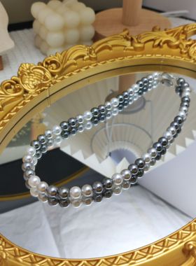 大溪地混彩施家珍珠项链女 人造海水珍珠正圆极光锁骨链叠戴时尚