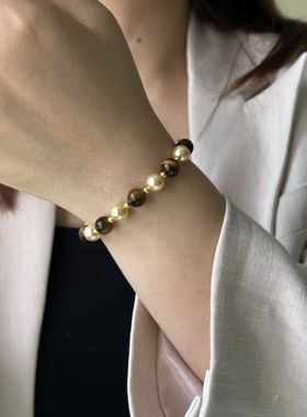 7A虎眼石珍珠手链 人造海水珍珠手链女轻奢时尚新中式手串OT扣