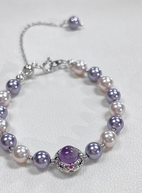 紫水晶珍珠手链 施家人造珍珠手链女手串眼曼塔玫瑰色可调节时尚