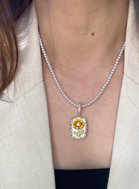 莫奈花园法式向日葵油画框吊坠女天然淡水珍珠 万能D字扣 项链