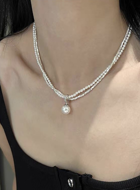 碎银子珍珠项链女双层叠戴万能扣吊坠锁骨链小众设计感双层小米珠