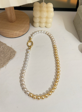 施家南洋金渐变色珍珠项链女 串珠轻奢小众叠戴项链时尚锁骨链