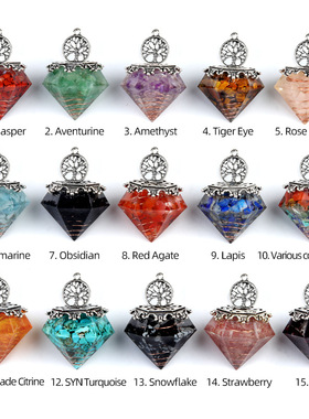 1973-天然水晶半宝石碎石树脂钻石灵摆吊坠 查克拉七彩珠链子饰品