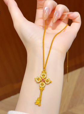 女沙金点钻启运柿蒂钥匙吊坠项链