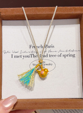 女沙金珐琅彩满足鸟编织吊坠项链