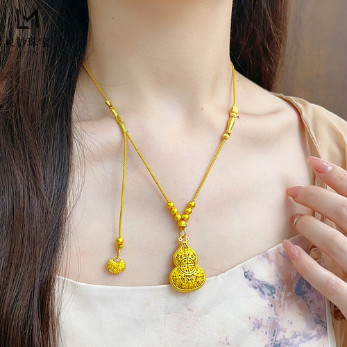 沙金新中式国潮风镂空扁葫芦吊坠毛衣链复古项链女送礼物时尚百搭 - 图2