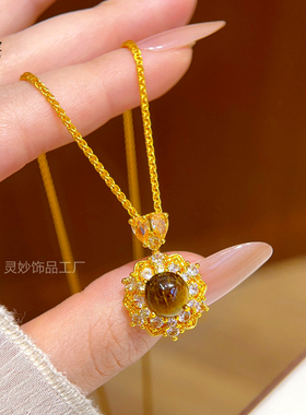沙金满钻虎眼石花型吊坠项链女