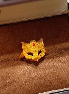 女沙金古法錾刻红宝灵狐面具戒指