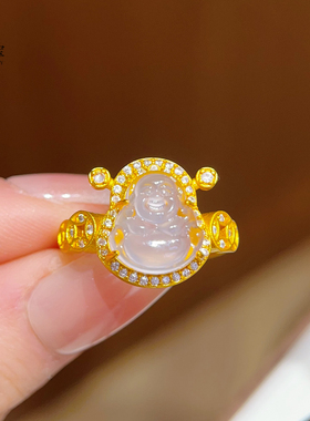女沙金点钻玉髓财神佛公戒指