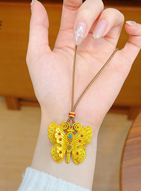 女沙金镂空花丝蝴蝶吊坠项链