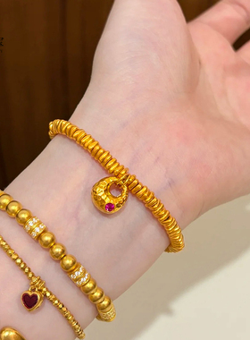 女沙金玫红钻锤纹金坨坨碎金手串