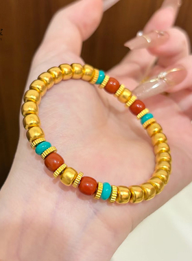 女沙金古法錾刻老型珠南红手链