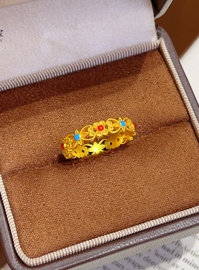 女沙金珐琅彩花丝如意开口戒指