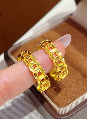 女沙金镂空满圈铜钱素圈开口戒指