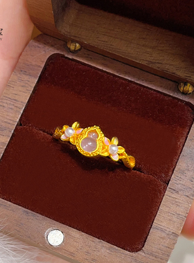 女沙金桃桃豆蔻粉葫芦可调节戒指