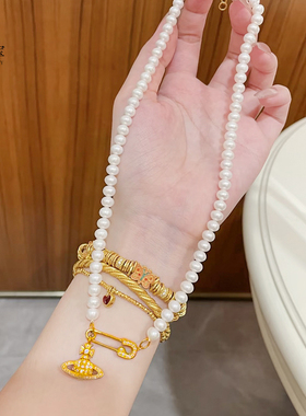 女沙金西太后土星回形针珍珠项链