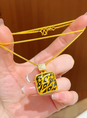 女沙金点钻豹纹方形吊坠项链耳钉