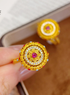 女沙金珐琅彩灵转八宝罗盘戒指