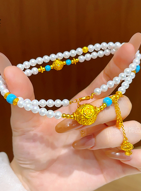 沙金玫瑰花球如意珍珠流苏项链女