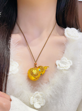 女沙金烧蓝花丝大葫芦吊坠项链