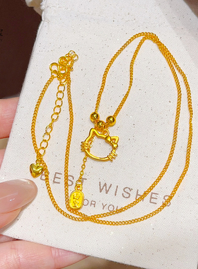 女沙金镂空招财进宝KT猫吊坠项链