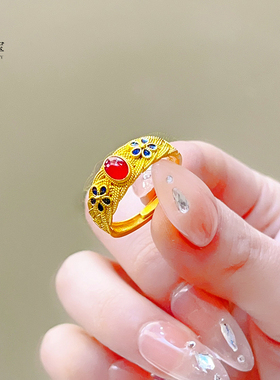 女沙金999珐琅花丝凤华玲珑戒指