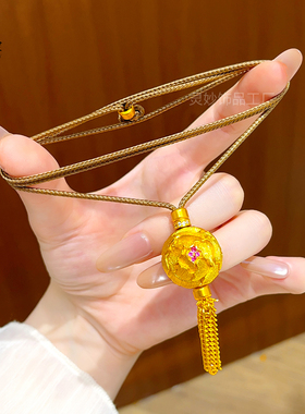 沙金点钻牡丹花球流苏吊坠项链女