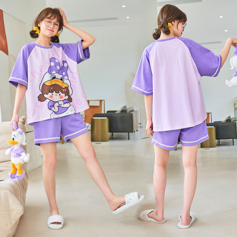 21年新款睡衣女夏季紫色纯棉卡通可爱甜美家居服短袖