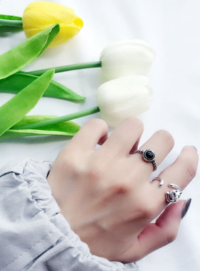 日韩风小猫咪蹦迪黑玛瑙配饰戒指