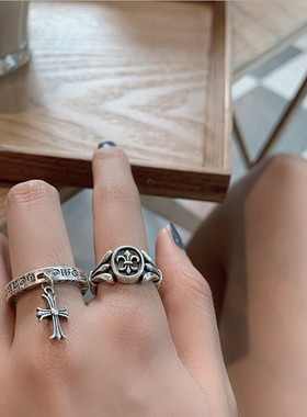 欧美混搭复古s925镀银定制戒指女日韩简约十字架个性男开口食指戒