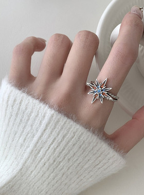 925镀银韩版新款高级感彩色石戒指女ins个性风戒指百搭复古戒指女