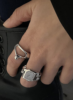 韩版罗马数字戒指女复古时尚重工钟表S925镀银开口指环嘻哈食指戒