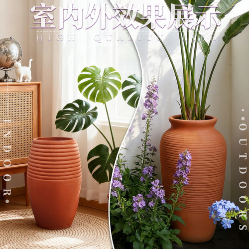 简约大口径红陶圆形陶瓷花盆手工无釉控根陶土透气大码落地式花器 - 图3