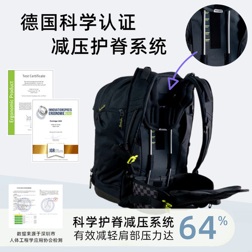 德国GotYaSatch易可宝中学生护脊书包减负初中高中男女孩ergobag - 图0